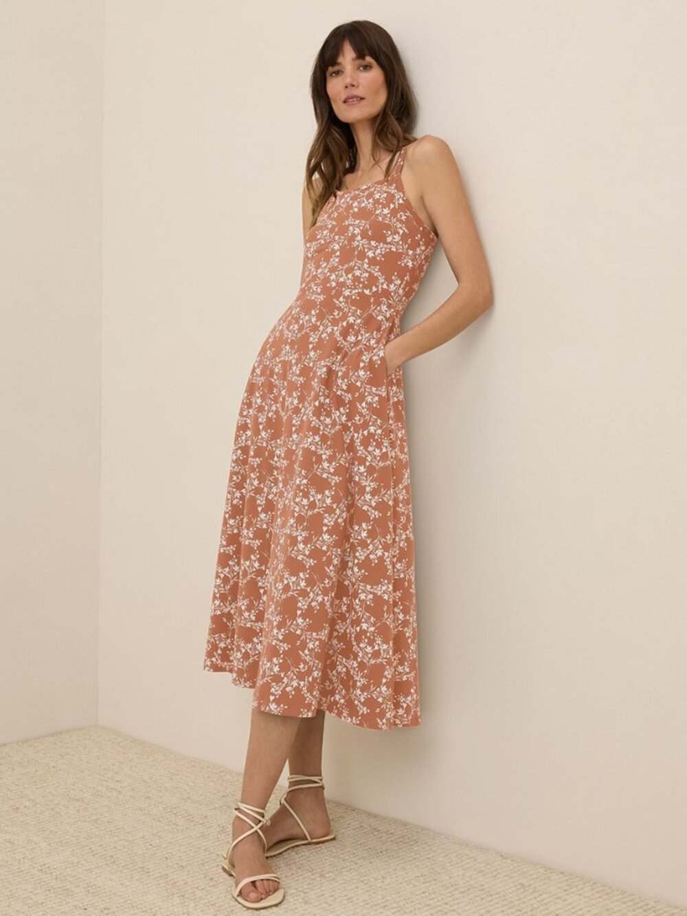 Pact Organic Fit & Flare Midi Dress XL Regular Bouquet Blooms Ochre